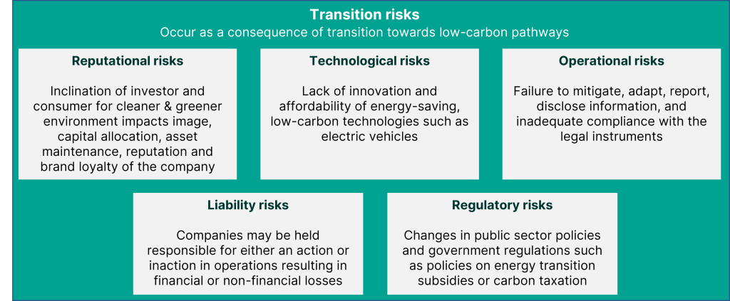 Types of climate risks - reputaional, technological, operational, liability, regulatory risks